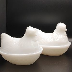2 Hazel Atlas Milkglass Nesting Hens